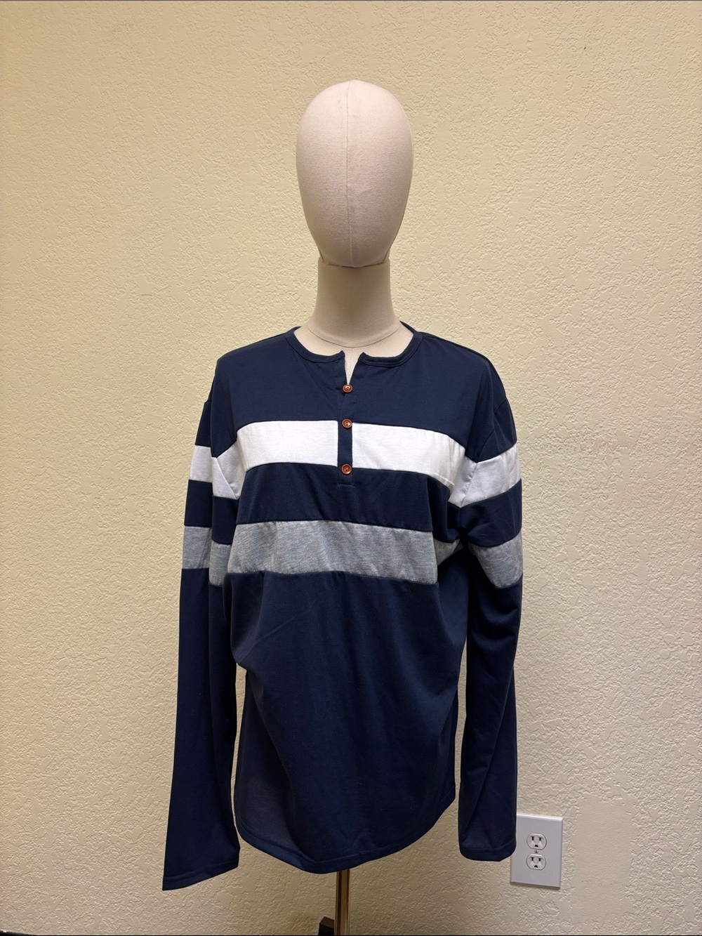 Men's Navy Long-Sleeve Henley with White & Gray Stripes
